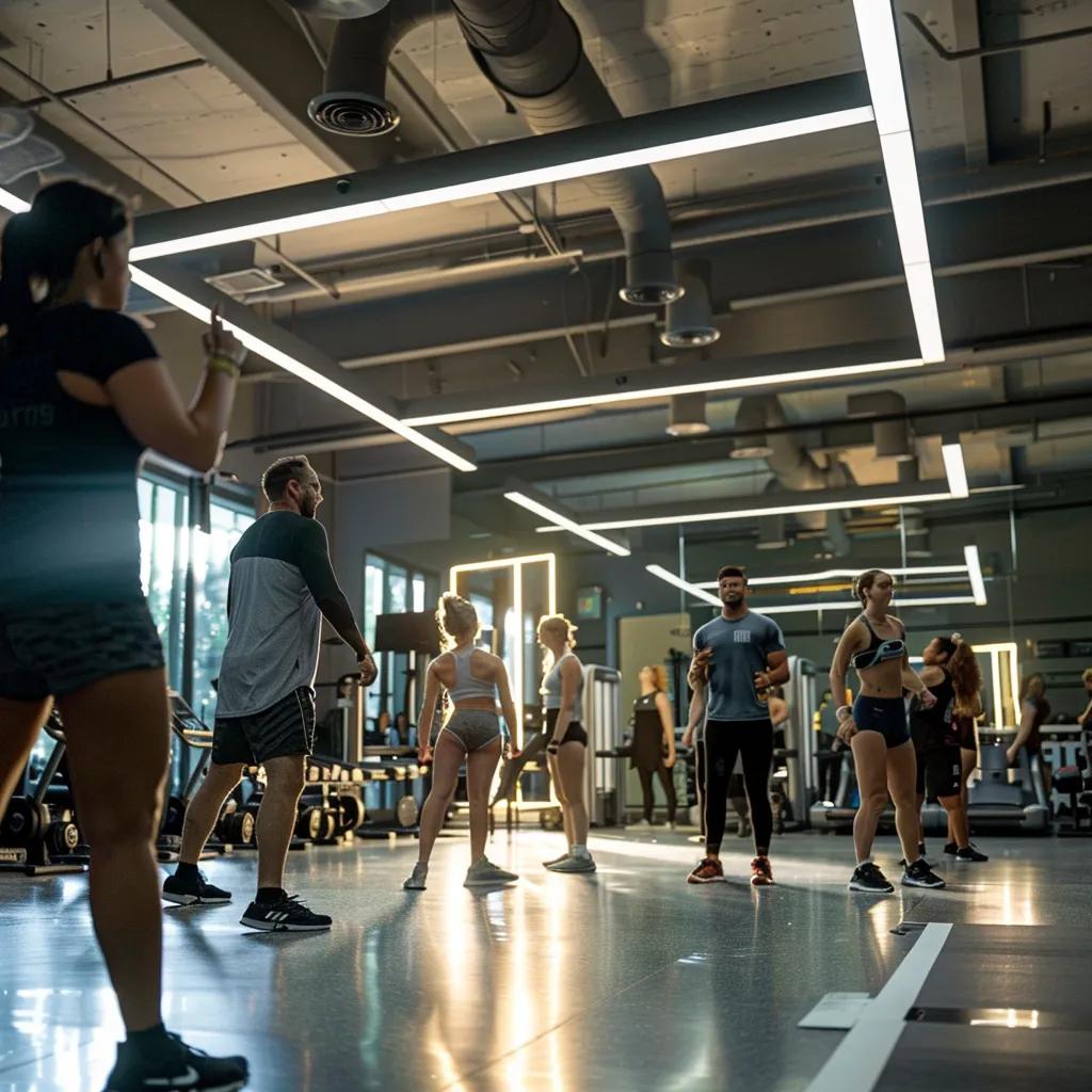 a dynamic small group personal training session takes place in a modern gym in auburn, featuring engaged participants executing various workouts under the guidance of an enthusiastic trainer, all illuminated by bright overhead lights reflecting off polished surfaces.