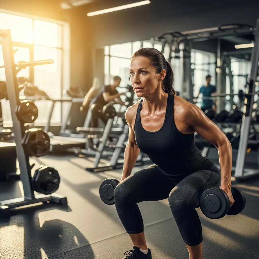 Woman over 40 performing resistance training in a gym, highlighting effective menopause workout plans
