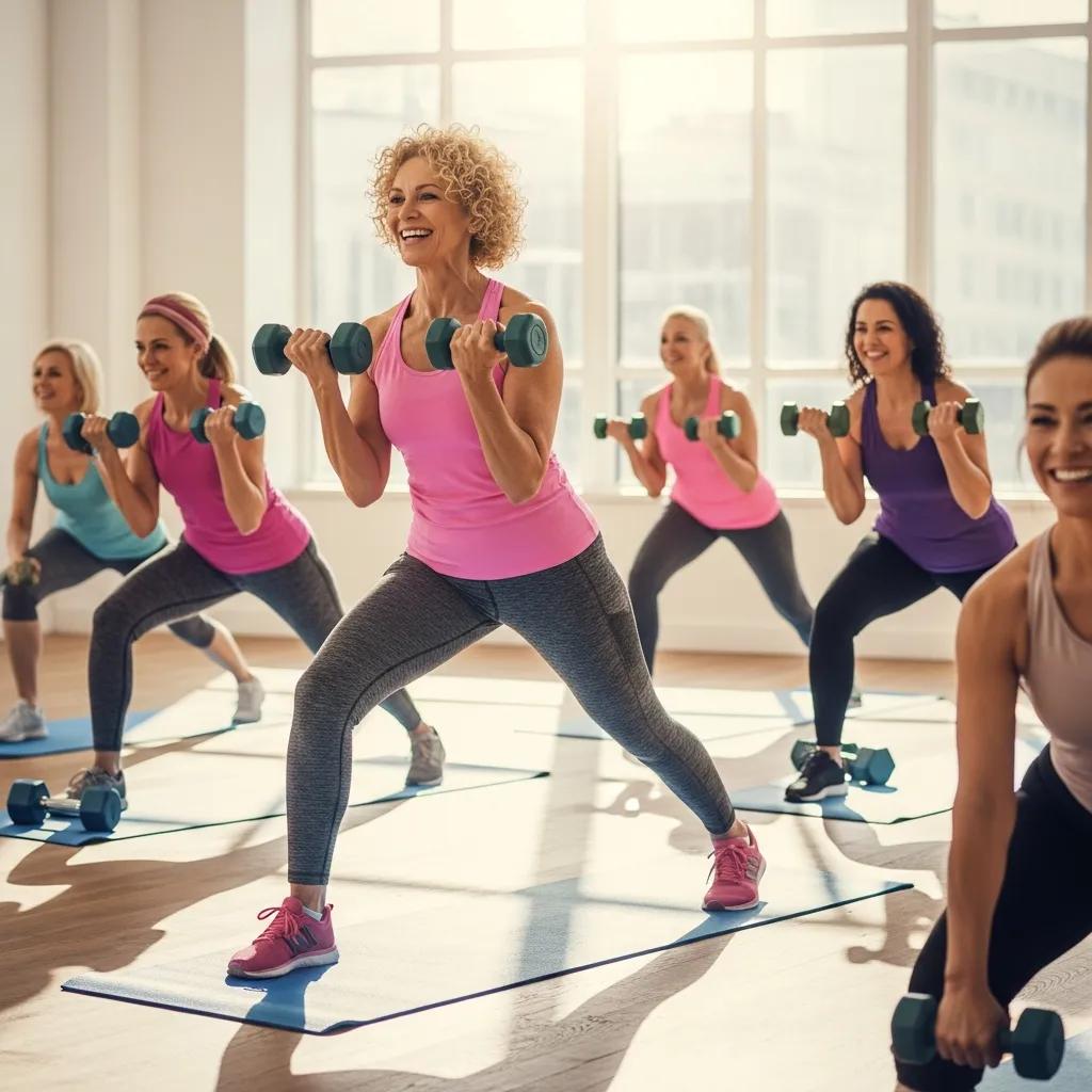 Women over 40 participating in a fitness class, showcasing strength training and empowerment