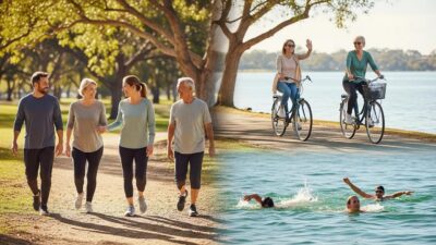 Group of active individuals over 40 enjoying low-impact exercises outdoors, promoting joint health