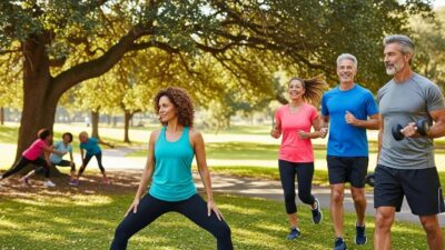 Group of middle-aged adults exercising outdoors to boost metabolism