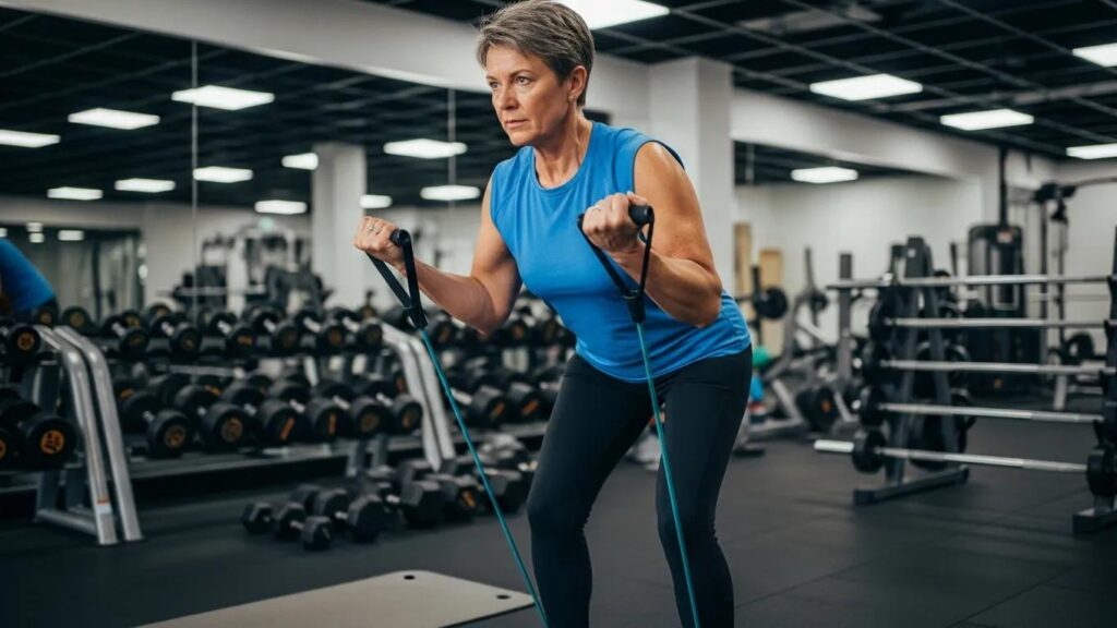 Middle-aged individual using resistance bands for strength training, emphasizing joint health benefits