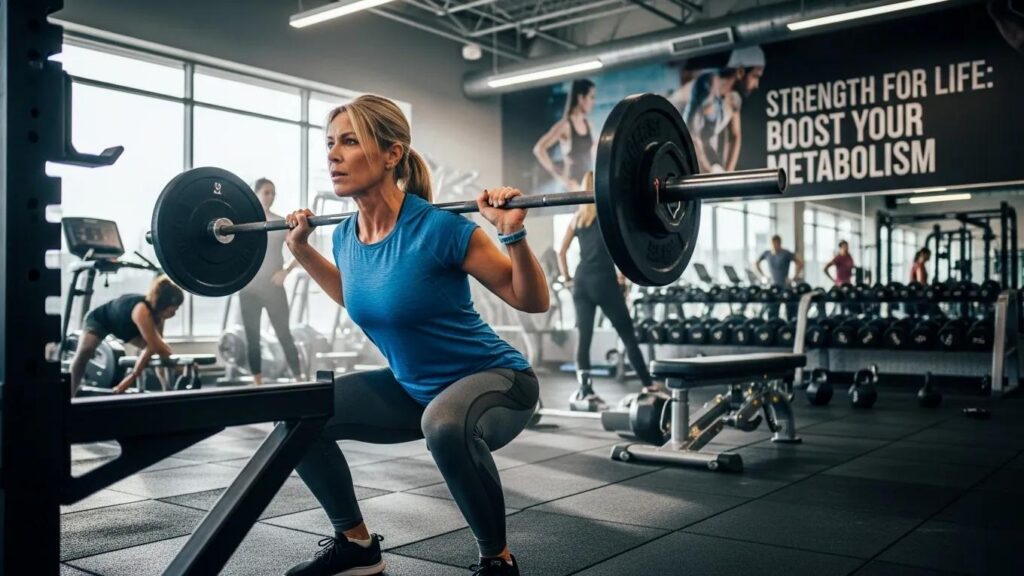 Middle-aged woman lifting weights in a gym to boost metabolism