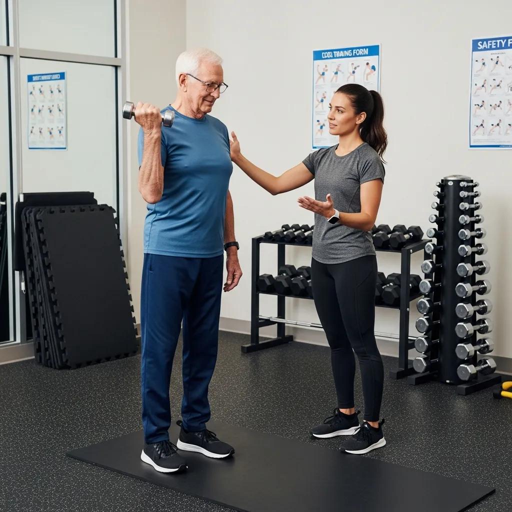 Senior practicing strength training with proper form under trainer's guidance in a safe gym environment