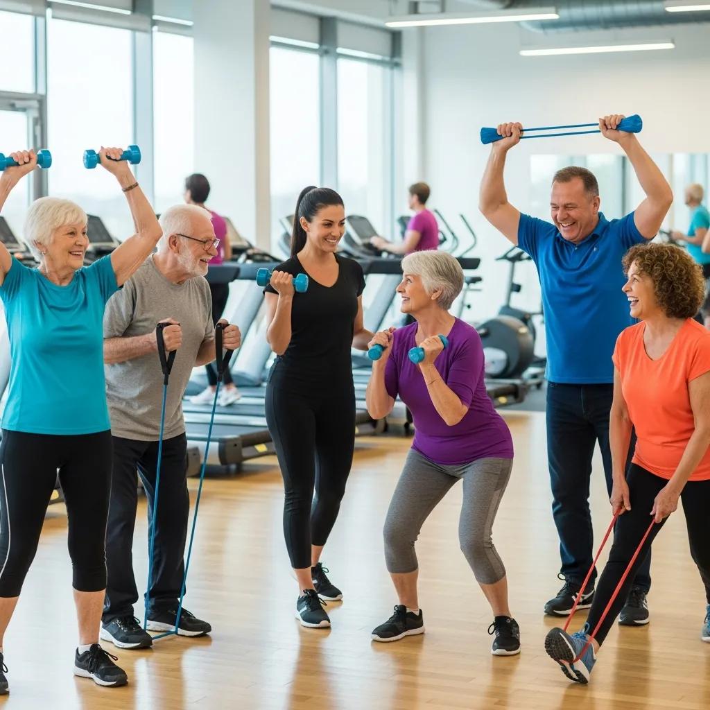 Seniors engaging in strength training with weights and resistance bands in a supportive gym environment
