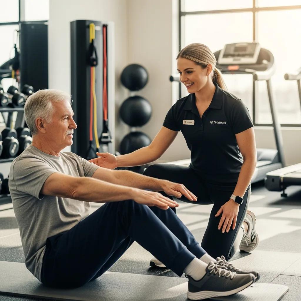 Trainer assessing a senior client during a personalized strength training program in a fitness studio