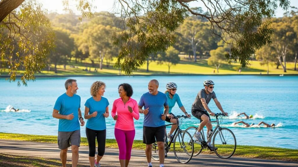 Adults over 40 engaging in cardiovascular exercises outdoors, promoting heart health and fitness