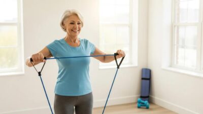 Older adult using resistance bands to enhance bone health and fitness