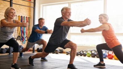 Adults over 40 engaging in functional fitness exercises in a well-lit gym, emphasizing strength and mobility